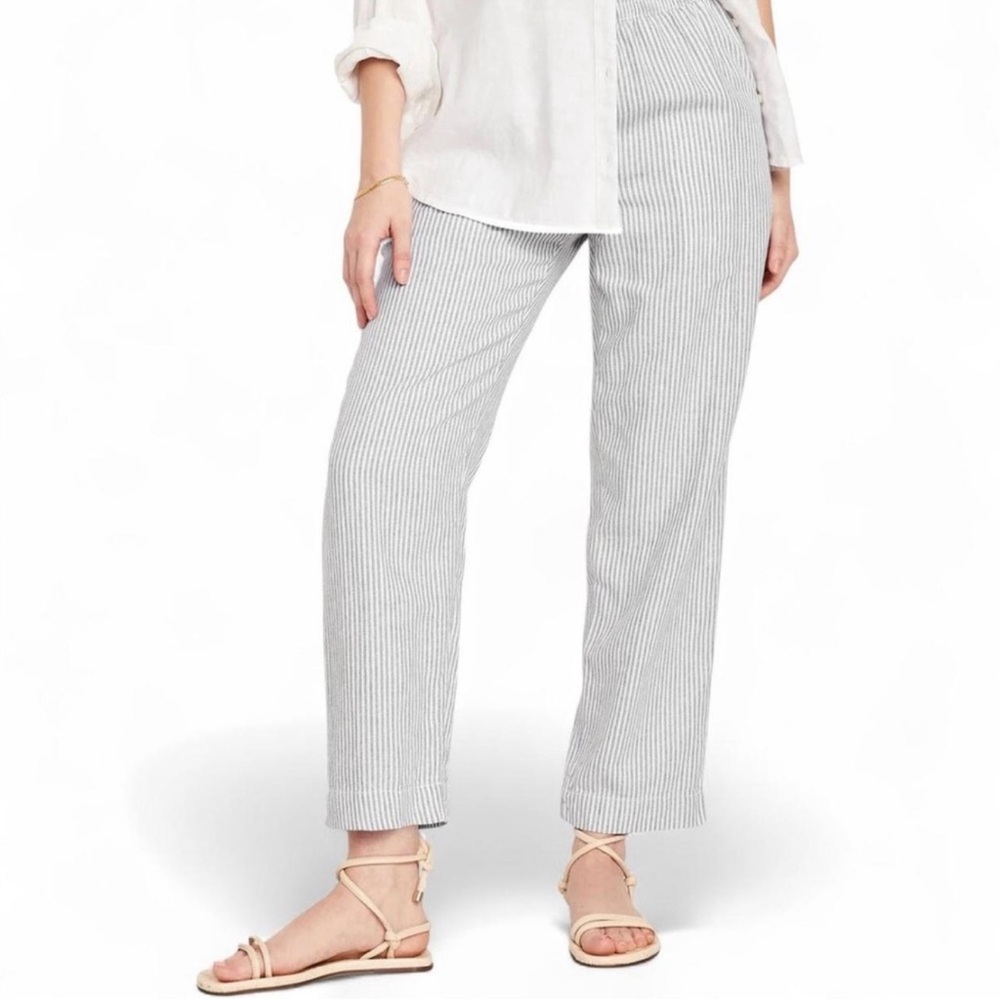 Old Navy Pants Sz L High-Waisted Linen-Blend Straight Gray Stripes Pockets